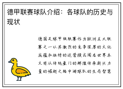 德甲联赛球队介绍：各球队的历史与现状
